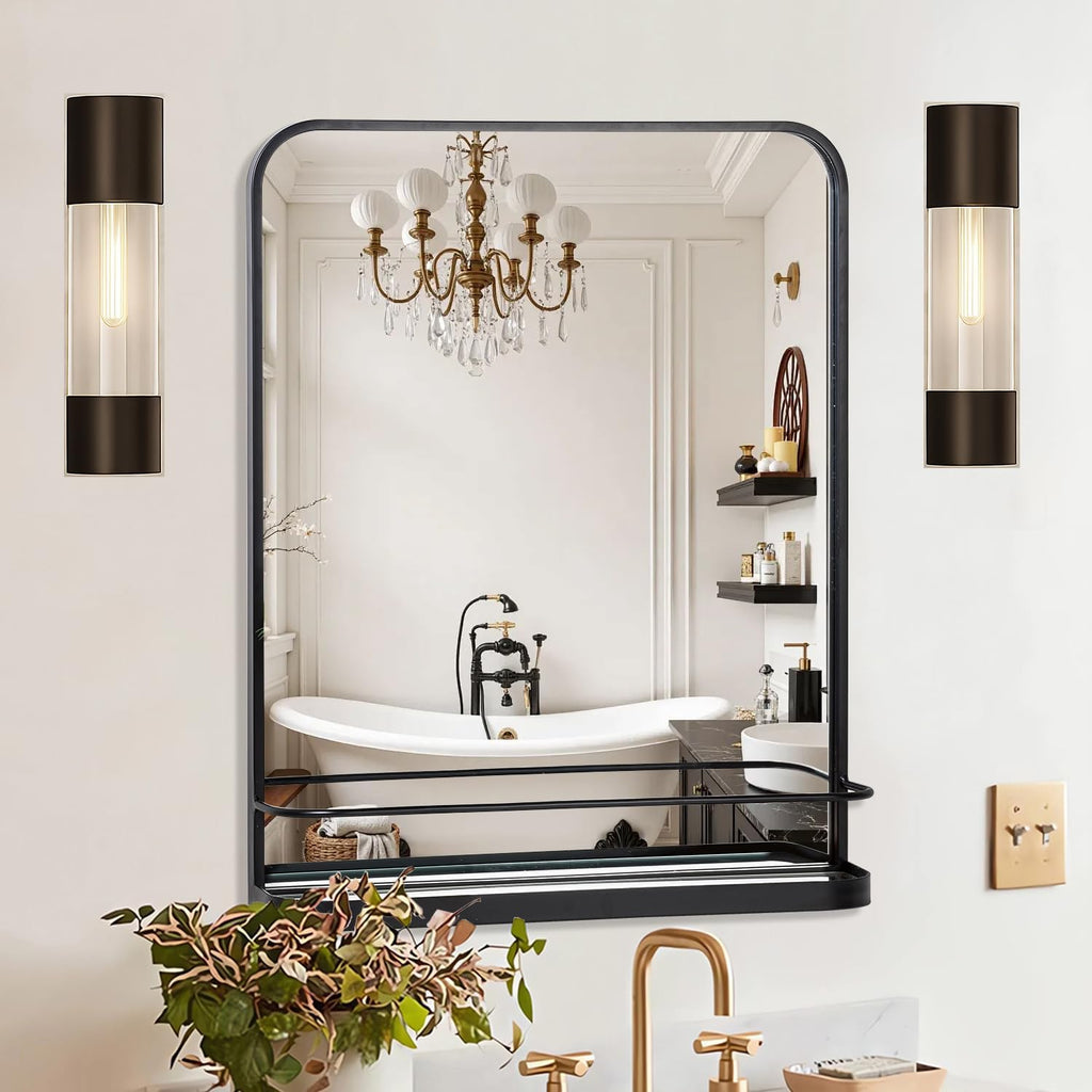 VASUHOME Black Bathroom Mirror with Shelf, 26'x38' Wall Mounted Vanity Mirror with Metal Frame & Rounded Corners, Storage Shelf for Bathroom, Bedroom, Living Room, Entryway