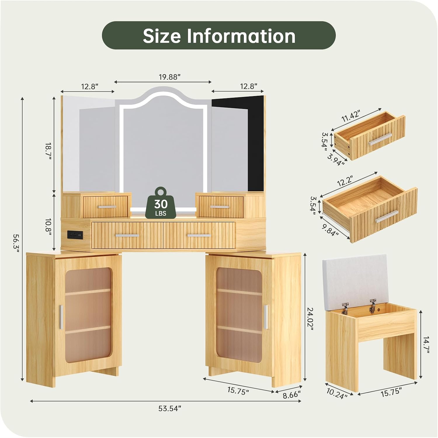 Corner Vanity with Mirror and Lights, Corner Makeup Vanity with 4 Drawers & 2 Cabinets, Vanity Set with Tri-Way Mirrors and Cushioned Stool, Big Vanities with Power Outlet Perfect for Bedroom, Oak