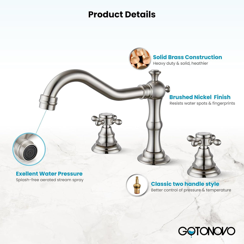 gotonovo 10' Rain Shower System Brushed Nickel Luxury High Pressure Shower Head with Hand Held Spray Rough-in Valve with Widespread Bathroom Faucet 3 Holes Deck Mounted with Pop Up Drain