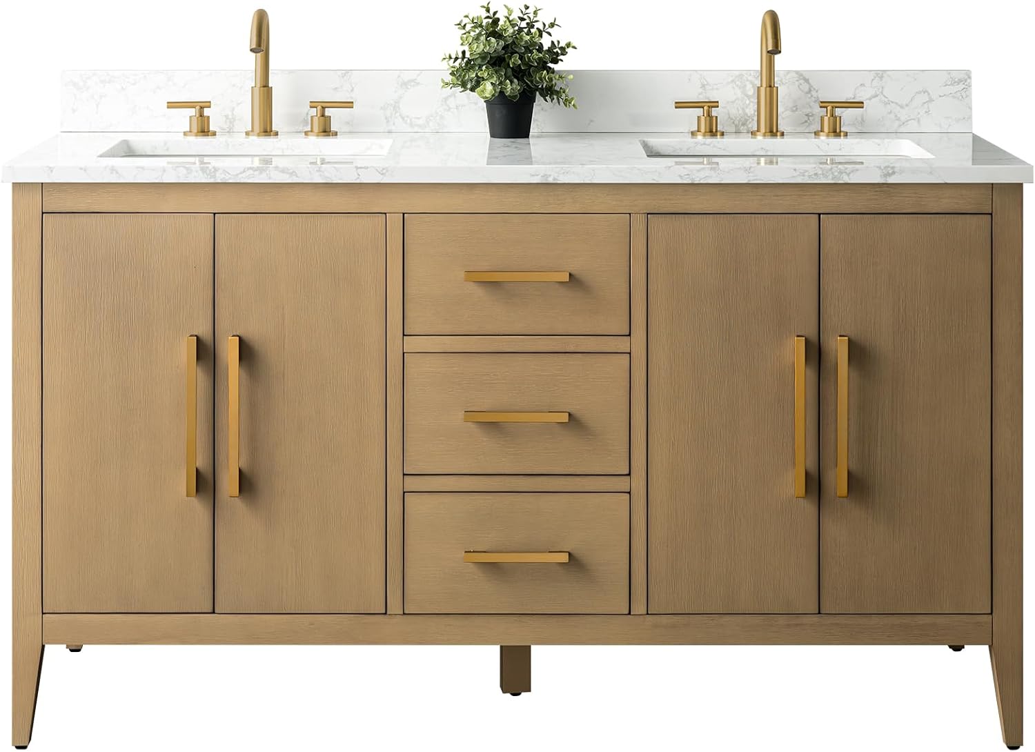 Vanity Art 60 inch Bathroom Vanity with Double Sink & Ceramic Top, Vanity Cabinet with Soft-Closing Doors, Drawers, Solid Wood Frame, Natural Oak, VA9060-DNO-GB1