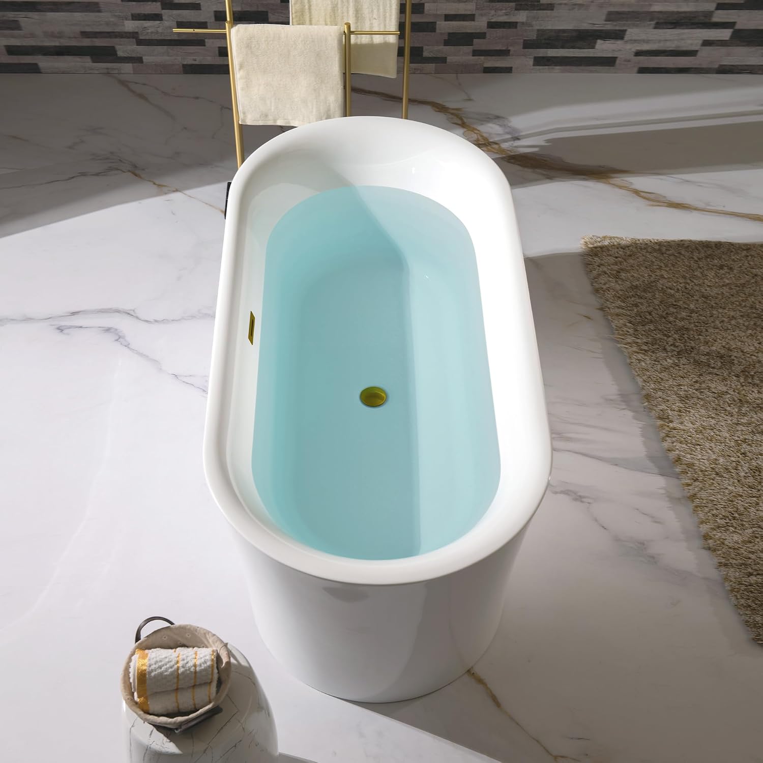 WOODBRIDGE 67' Acrylic Freestanding Bathtub Contemporary Soaking Tub with Brushed Gold Overflow and Drain,White Tub,B0057-BG