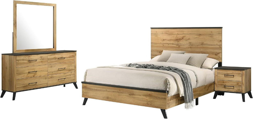 Benzara Wemy 4 Piece Queen Size Bed Set, Rustic Brown Pine Wood, Tapered Legs