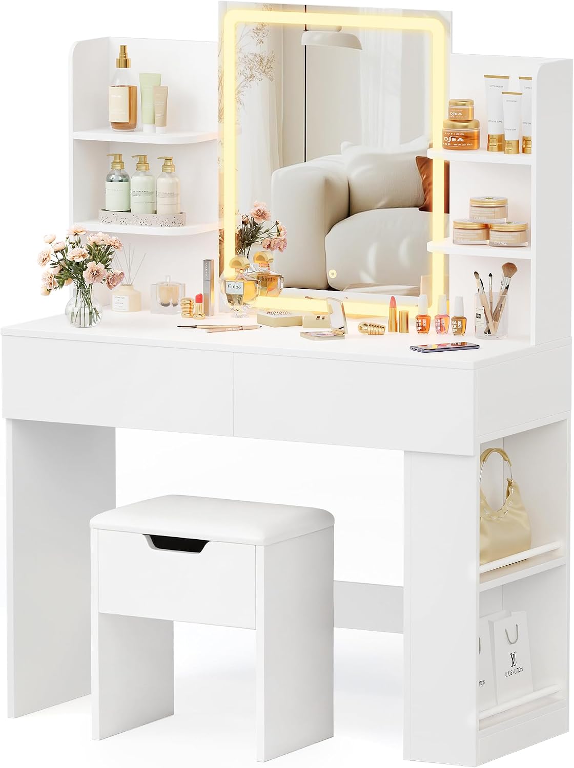 YESHOMY 35.4' Vanity Desk with LED Mirror and Lights,Makeup Vanity Set with 2 Storage Drawers, 2 Side Shelves, 1 Storage Bench and Open Storage Shelves, 3 Color Modes, for Bedroom, Classic White