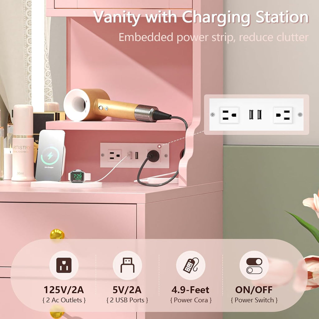 Vanity Desk with Mirror and Lights, Makeup Vanity Table with Power Outlet, Dressing Vanity Table Set with 6 Drawers & 4 Cabinets, 3 Color Modes & Brightness Adjusted, for Bedroom Room, Pink
