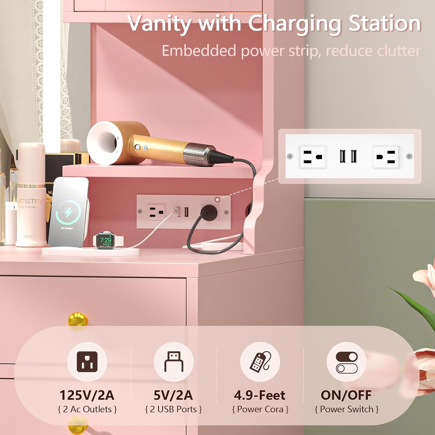 Vanity Desk with Mirror and Lights, Makeup Vanity Table with Power Outlet, Dressing Vanity Table Set with 6 Drawers & 4 Cabinets, 3 Color Modes & Brightness Adjusted, for Bedroom Room, Pink