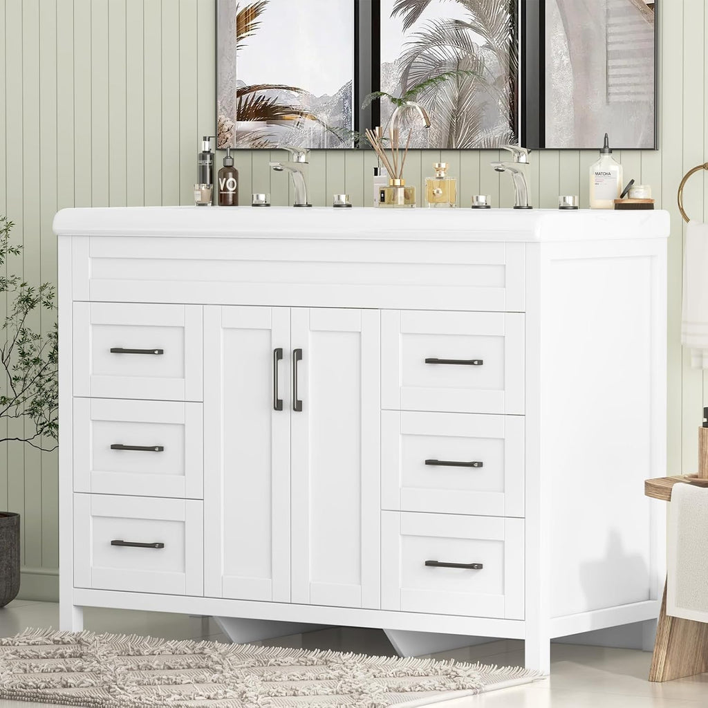 Bathroom Vanity with Double Sink, 48 inch Modern Bathroom Storage Cabinet with Undermount Ceramic Sink, Soft Closing Doors and 6 Drawers, White