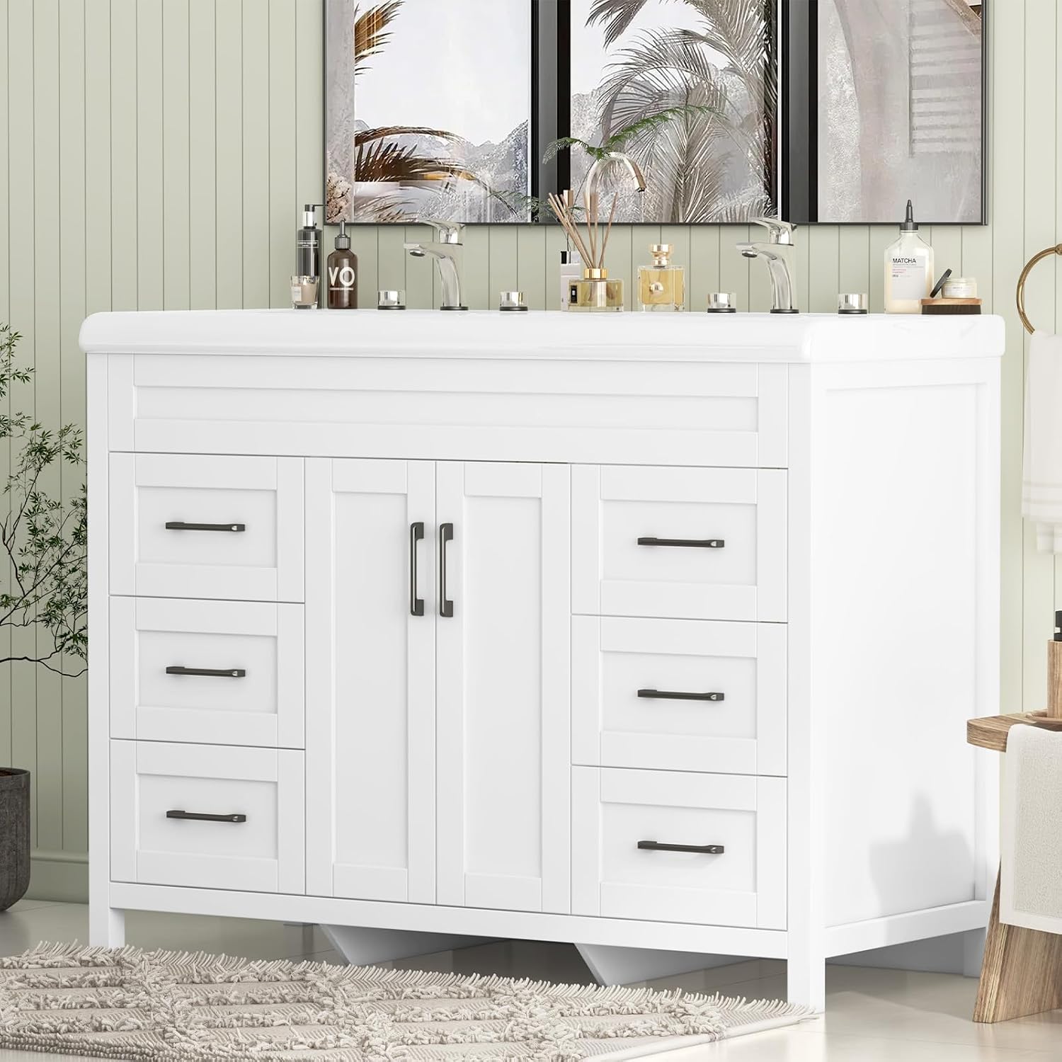 Bathroom Vanity with Double Sink, 48 inch Modern Bathroom Storage Cabinet with Undermount Ceramic Sink, Soft Closing Doors and 6 Drawers, White