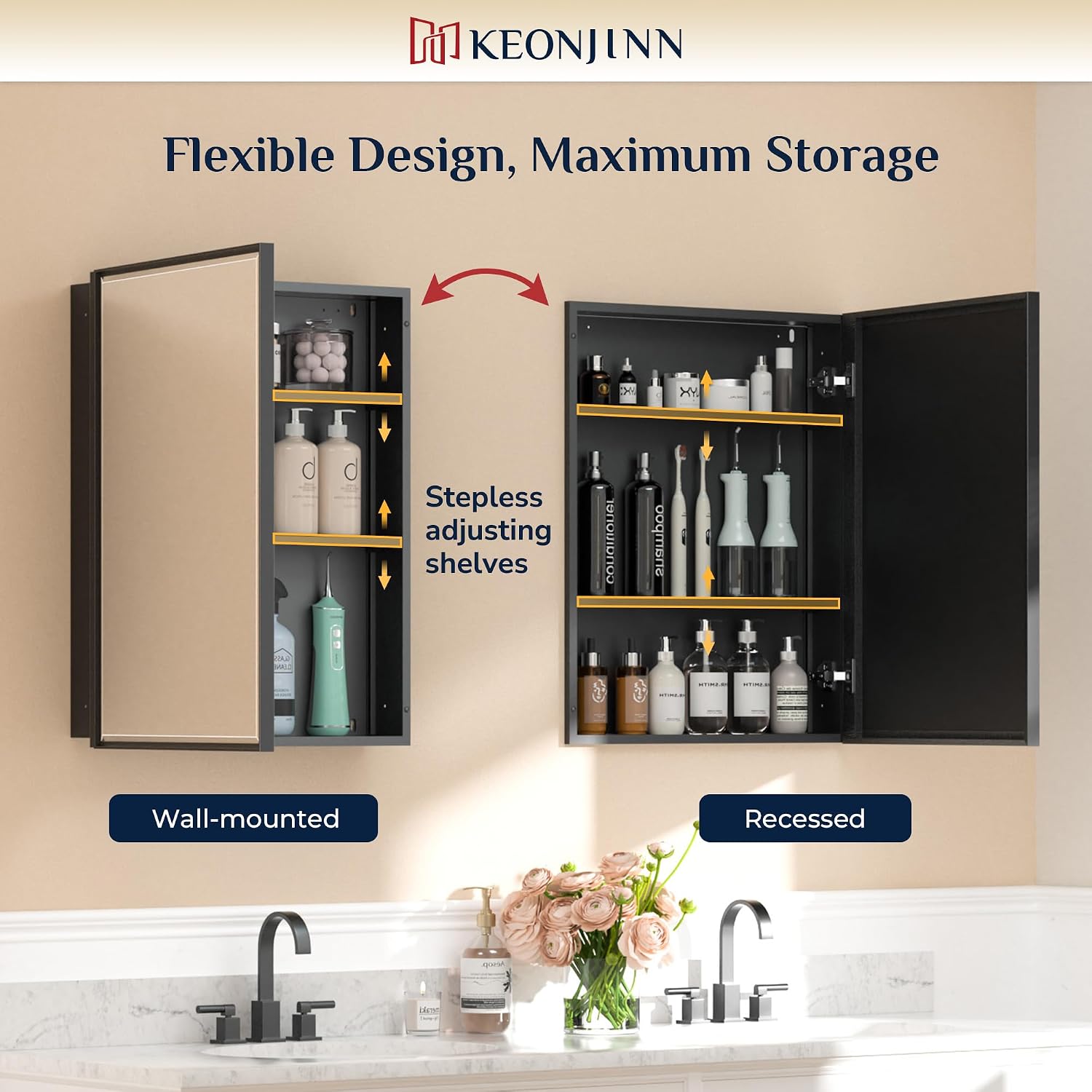 Keonjinn 24' x 26' Black Medicine Cabinets with Mirror, Fully Assembled, Recessed or Wall-Mounted Bathroom Medicine Cabinet, Aluminum Alloy Framed, Single Door Metal Bathroom Mirror with Storage