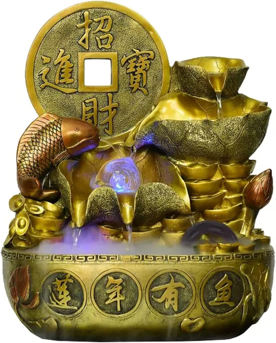 Tabletop Fountain Indoor Fountain Chinese Style Tabletop Waterfall Fountains Relaxation Water Feature Feng Shui Desktop for Home and Office Decor, Gold(Medium)