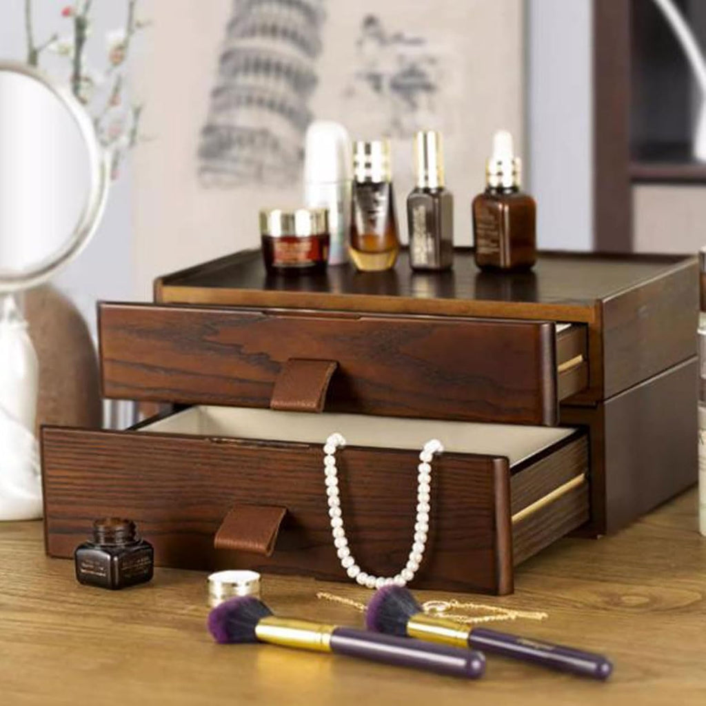 Makeup Storage Box Large Capacity Wood Makeup Organizer Box with Flip Lid and Drawers, Bathroom Organizer Countertop, Vanity Tray Corner Shelf for Makeup Cosmetic Perfume Skincare Bathroom Supplies Va