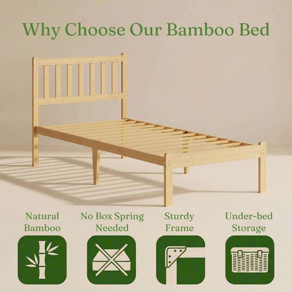 12 in High Solid Bamboo Wood Twin XL Bed Frame with Headboard, Platform Twin XL Size Bed Frame, Heavy Duty, No Box Spring Needed, Nosie Free