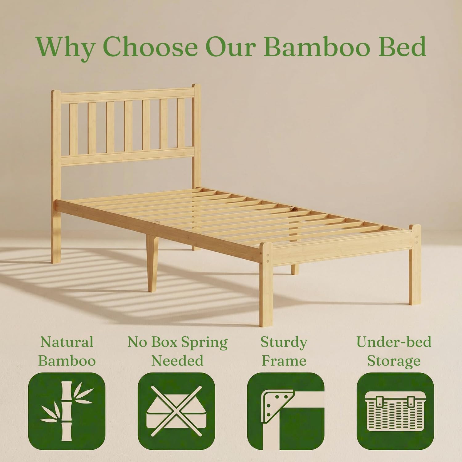 12 in High Solid Bamboo Wood Twin XL Bed Frame with Headboard, Platform Twin XL Size Bed Frame, Heavy Duty, No Box Spring Needed, Nosie Free