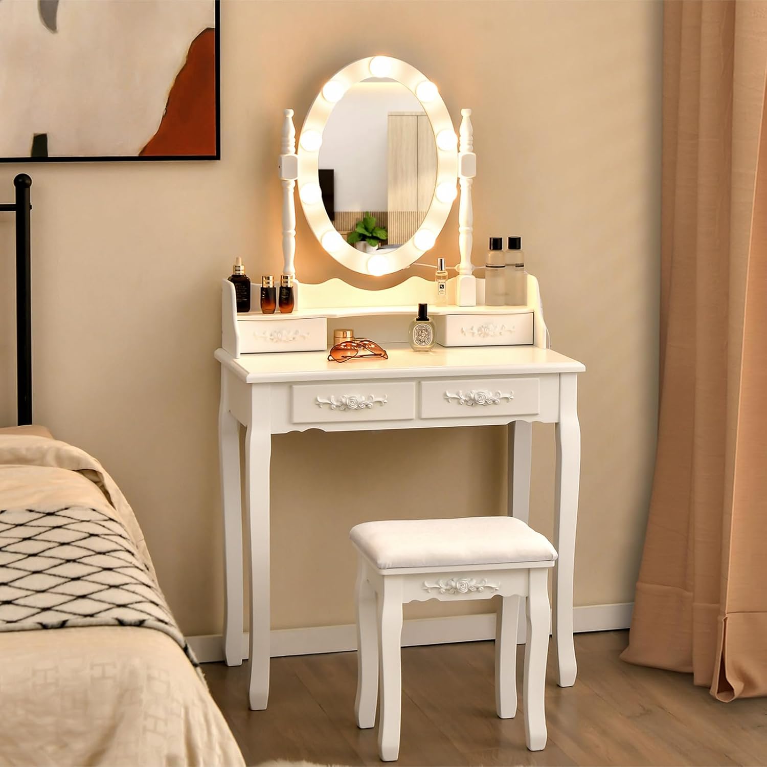 Giantex Makeup Vanity Table with 10 LED Lights, Adjustable Brightness, 3 Color Light Modes, 4 Drawers, Rotatable Mirror, Cushioned Stool, Vanity Desk Dressing Table Bedroom Furniture (White)