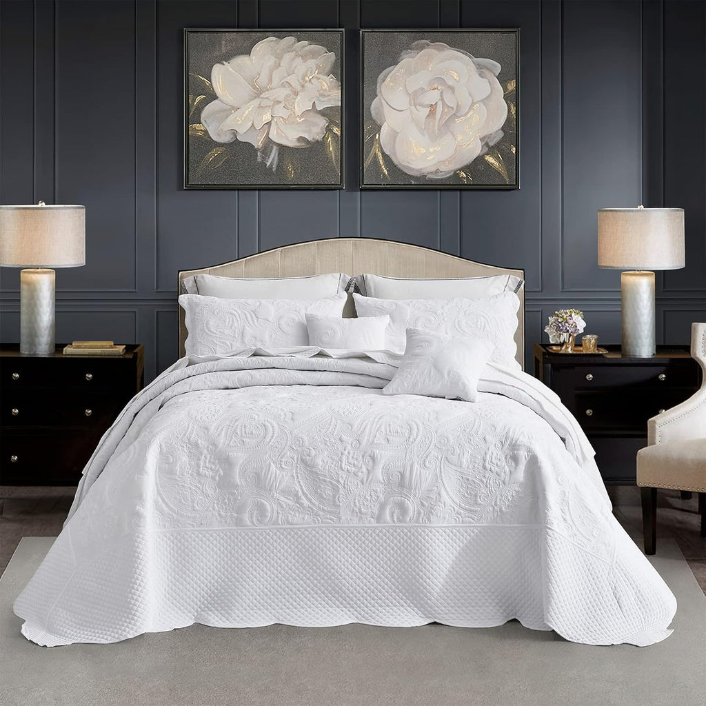 Oversized King Bedspread, Paisley Pattern Design, Lightweight Bedding Cover, Reversible, 5 Piece, 100% Microfiber, Pure White