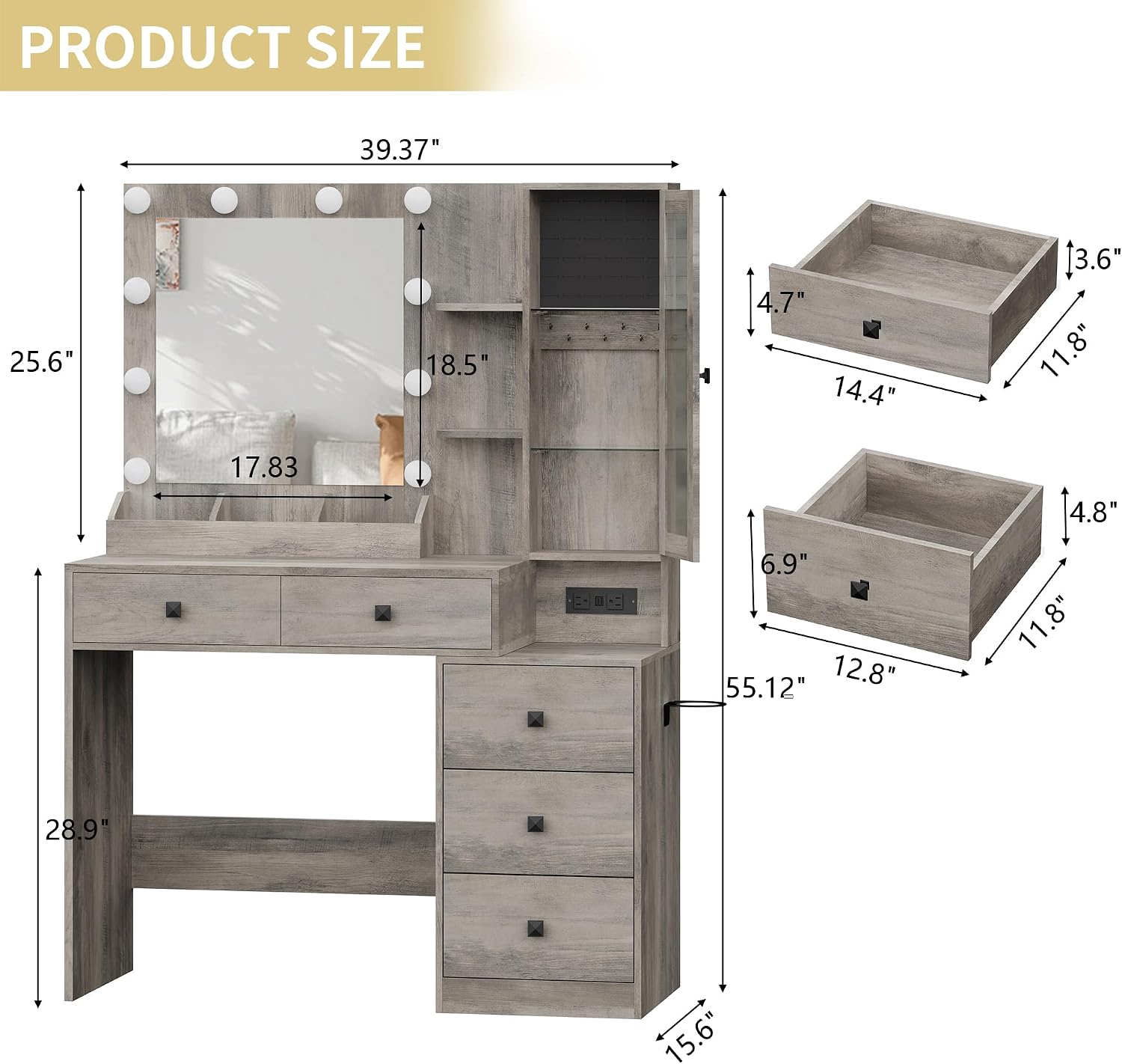 Xixini Vanity Desk with Mirror and Lights, Makeup Vanity Table Set with 5 Storage Drawers, Power Outlet, Small Dressing Table with RGB Ambient Light, Adjustable Brightness for Girls Bedroom, Grey