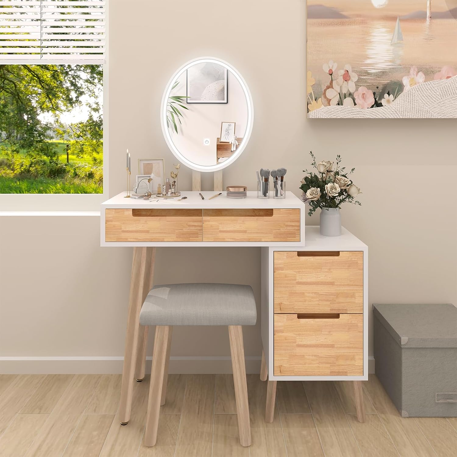 YOURLITE Makeup Vanity Desk with Lights, Small Vanity with 4 Drawers for Small Spaces, Dressing Table Set 3 Colors Adjustable Lighting Brightness Mirror