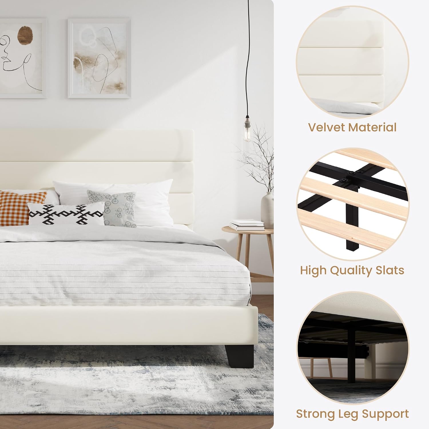 SHA CERLIN King Platform Bed Frame with Velvet Upholstered Headboard, Mattress Foundation with Strong Wooden Slats Support, No Box Spring Needed, Cream