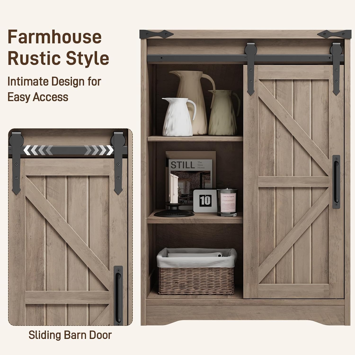 Halitaa Bathroom Farmhouse Storage Cabinet, Floor Cabinet with 4 Drawers, Bathroom Cabinet with Sliding Door, Rustic Storage Organizer for Kitchen, Living Room, Rustic Style, Grey
