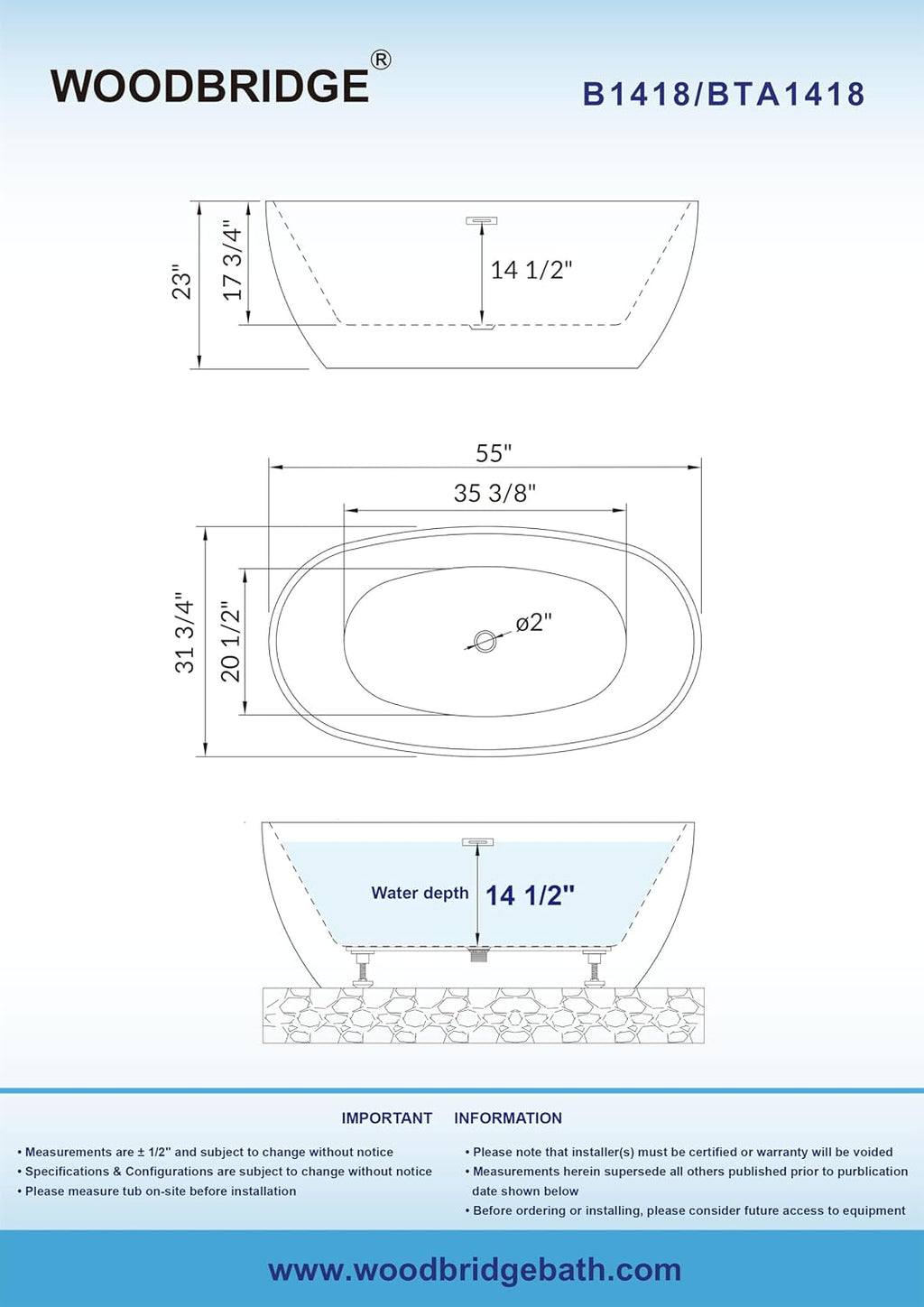 WOODBRIDGE 55' Acrylic Freestanding Bathtub Contemporary Soaking White Tub with Oil Rubbed Bronze Overflow and Drain,BTA1418 -ORB