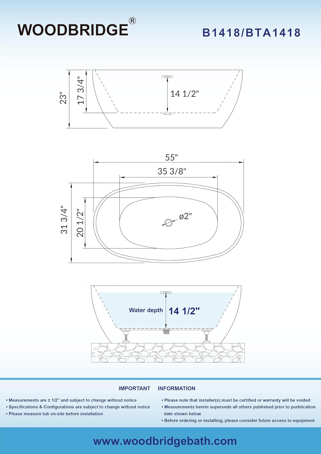 WOODBRIDGE 55' Acrylic Freestanding Bathtub Contemporary Soaking White Tub with Oil Rubbed Bronze Overflow and Drain,BTA1418 -ORB
