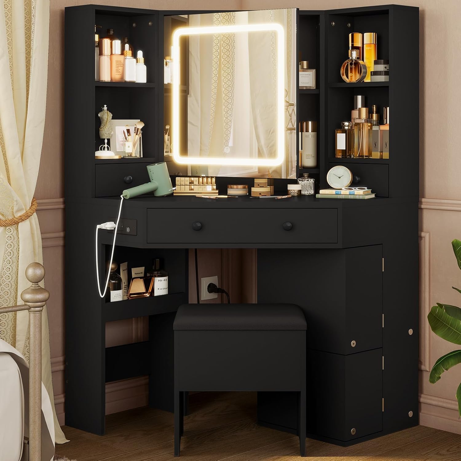 HAUOMS Vanity Desk with Mirror Lights, Storage Bench & Power Outlet, Corner Vanities with Rotating Cabinet & Drawers, 3 Light Settings Vanity Set, for Women Girls, Black