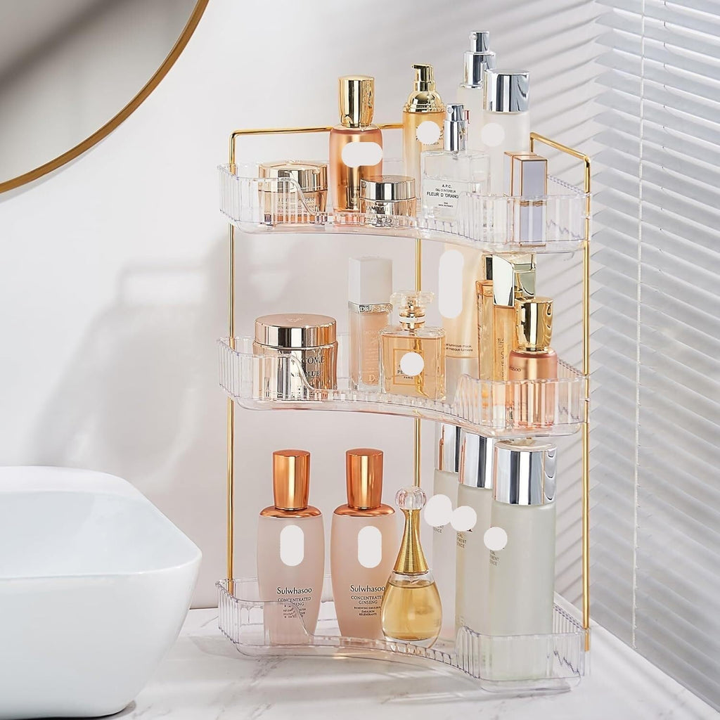 Skincare Organizers, 3 Tier Makeup Organizer for Bathroom Corner Vanity Countertop Makeup Organizer Holder Cosmetics Skincare Storage Counter(Amber)