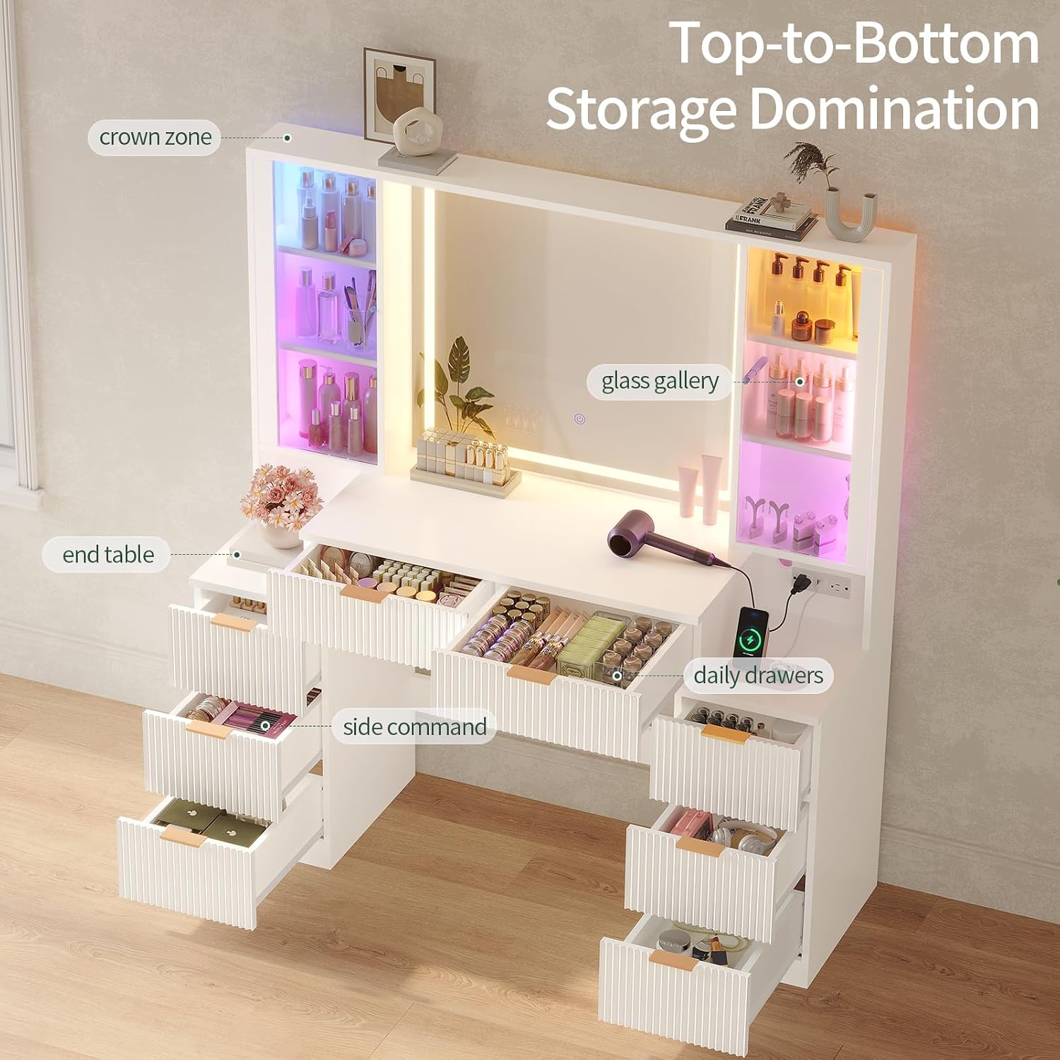 HAUOMS Big Vanity, Fluted Wood Makeup Vanity Desk with Mirror and Sound Sync LED Lights, Large Vanity Dressing Table, 8 Drawers, Charging Station for Girls, Women (White, 51.2' Width)