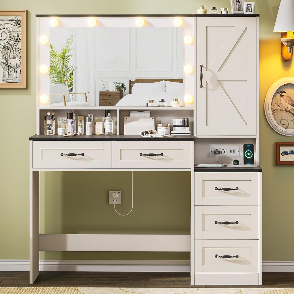 Farmhouse Vanity Desk with Mirror and 10 Led Lights, 45.3 ' Large Makeup Vanity Table with Power Outlet, 5 Drawers and 1 cabinet, Vanity Set Dressing Table with 9 Hooks for Women Girls (White+Black)