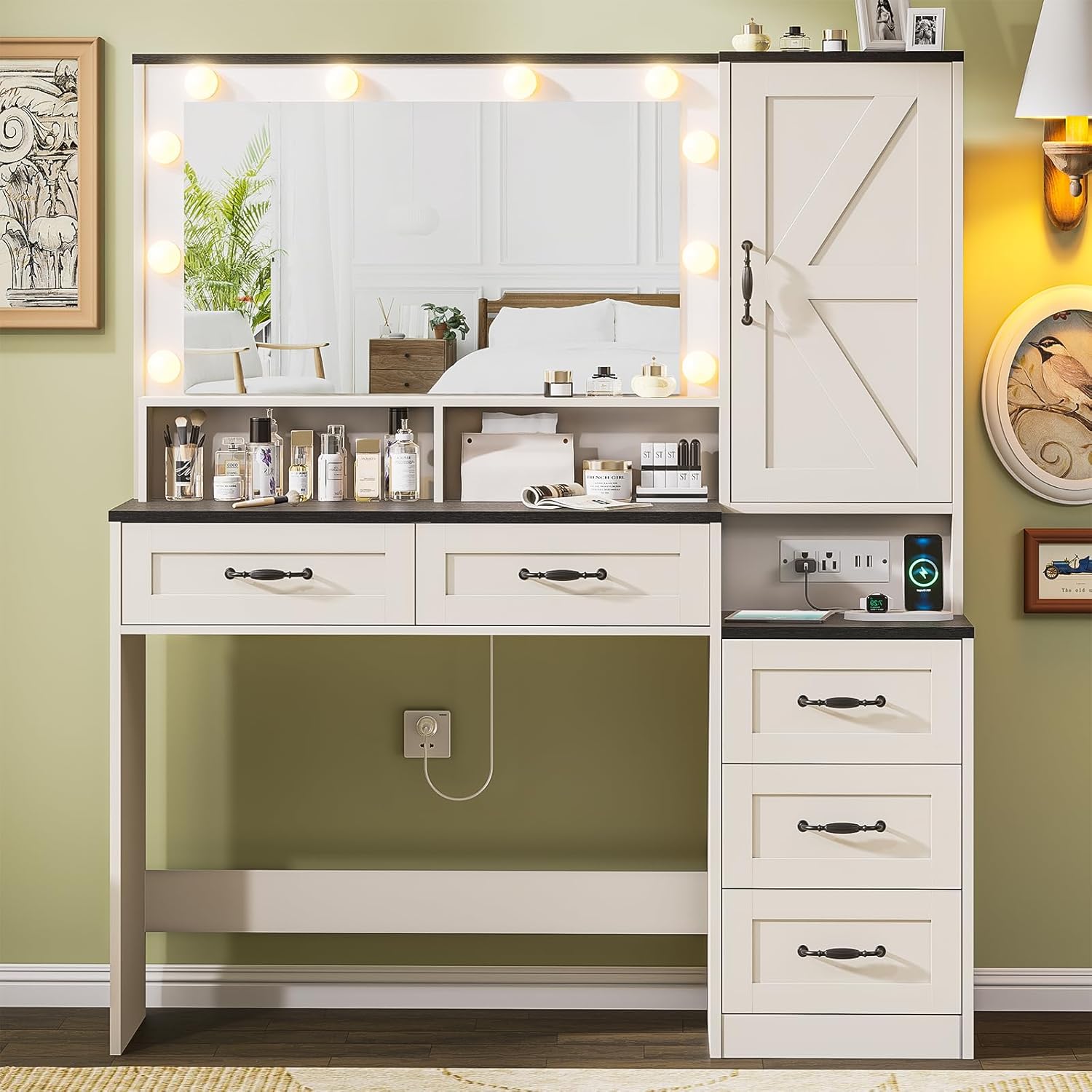 Farmhouse Vanity Desk with Mirror and 10 Led Lights, 45.3 ' Large Makeup Vanity Table with Power Outlet, 5 Drawers and 1 cabinet, Vanity Set Dressing Table with 9 Hooks for Women Girls (White+Black)