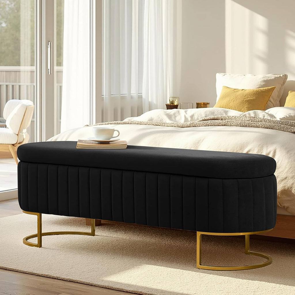 55.5' Velvet Upholstered Storage Bench with Channel Tufted Seat and Metal Legs, Multi-Functional Ottoman with Interior Organizer Pockets for Bedroom and Entryway, Flipping Lid Large Window Bench