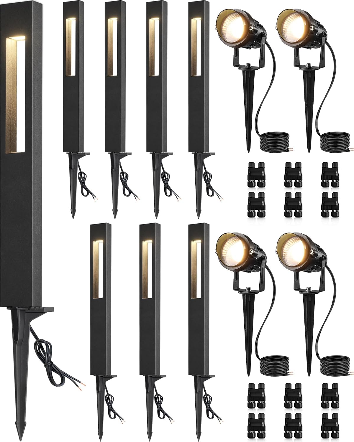 SUNVIE 12-Pack Low Voltage Pathway Lights Wired with Spotlights LED Outdoor Landscape Lighting Kit for Path, Garden, Yard, Patio, Cast-Aluminum, IP65 Waterproof, 12-24V AC/DC, 3000K Warm White, Black