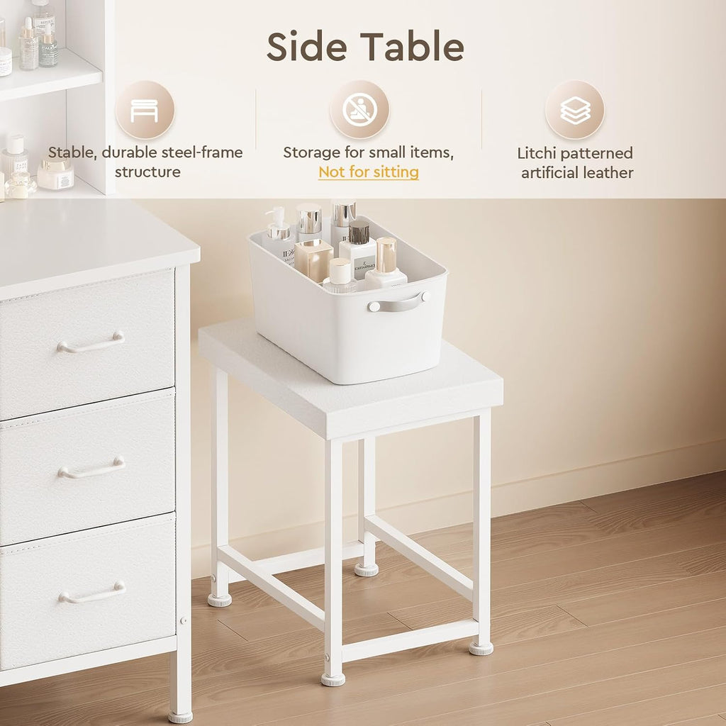 YeTom Vanity Desk with Mirror and Lights, Makeup Vanity Desk with 4 Fabric Drawers & Storage Shelves & Side Table, 3 Color Modes & Adjustable Brightness, White Vanity, Bedroom Furniture
