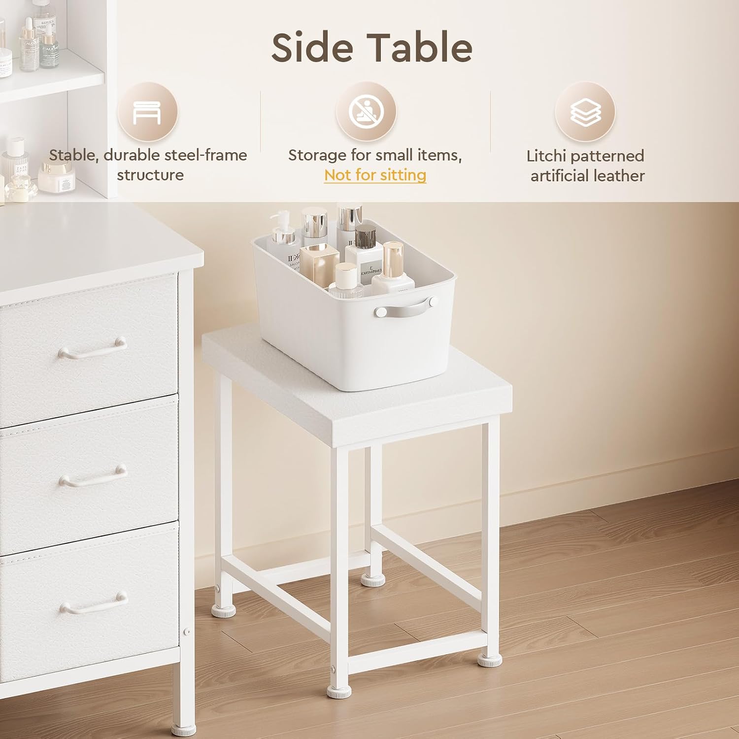 YeTom Vanity Desk with Mirror and Lights, Makeup Vanity Desk with 4 Fabric Drawers & Storage Shelves & Side Table, 3 Color Modes & Adjustable Brightness, White Vanity, Bedroom Furniture