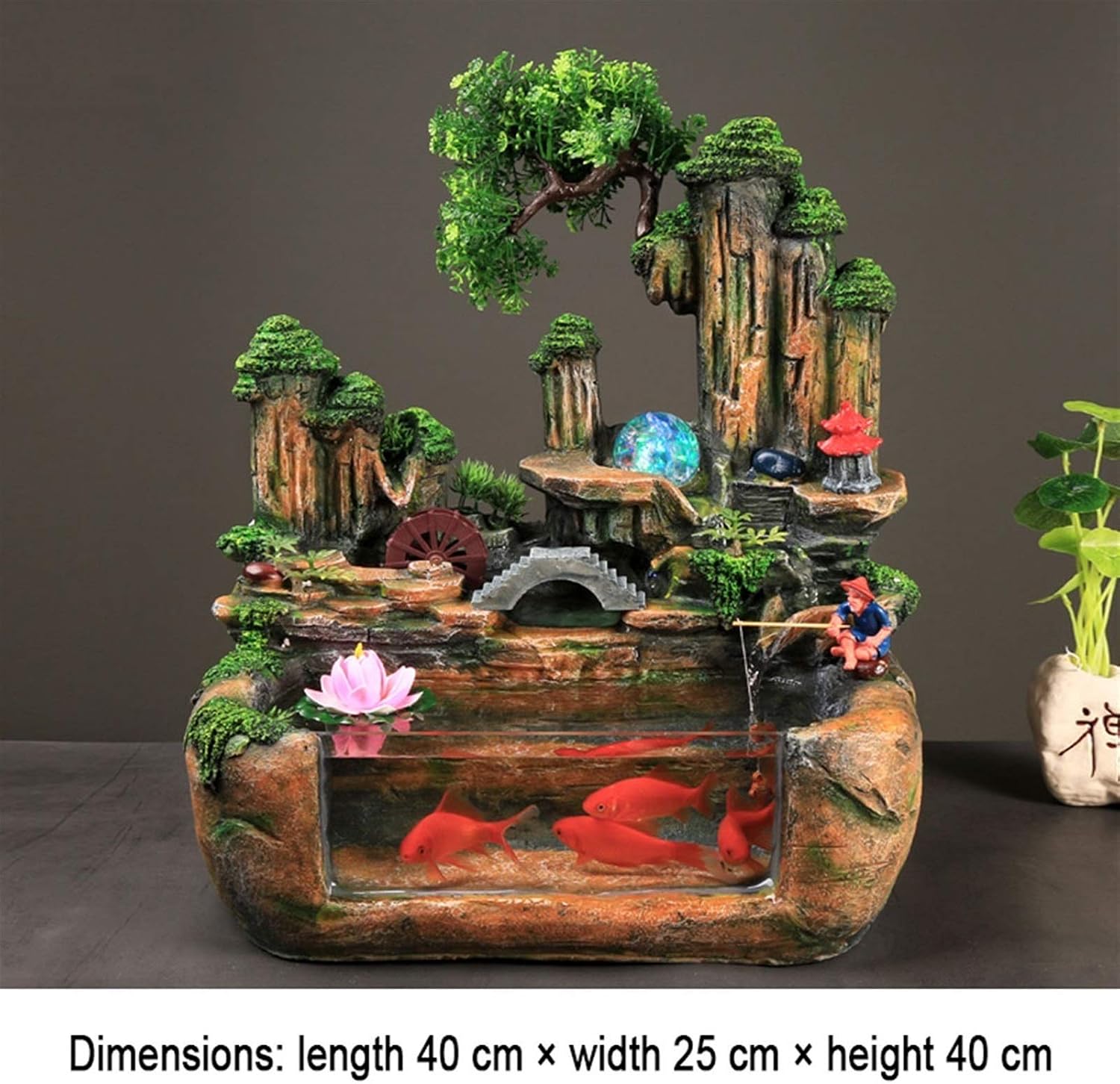 Tabletop Fountain and Transparent Fish Tank Indoor Fountain Waterfall Decoration Gift，Resin，40×25×40cm