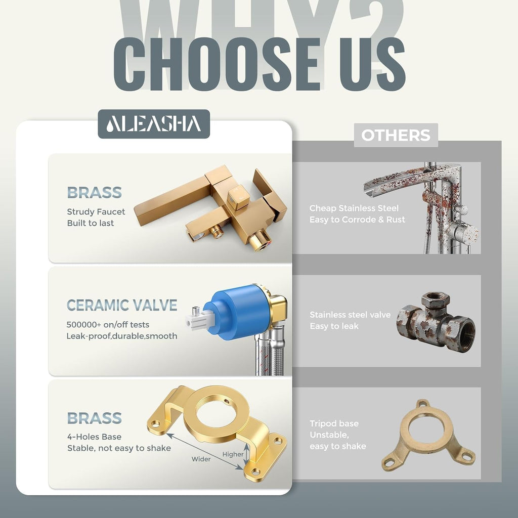 Freestanding Tub Faucet Brushed Gold: ALEASHA High Flow Max 6.74 GPM Free Standing Tub Filler - Brass Modern Floor Mount Bathtub Faucet with Handheld Shower, for the Ultimate Elegant SPA Experience