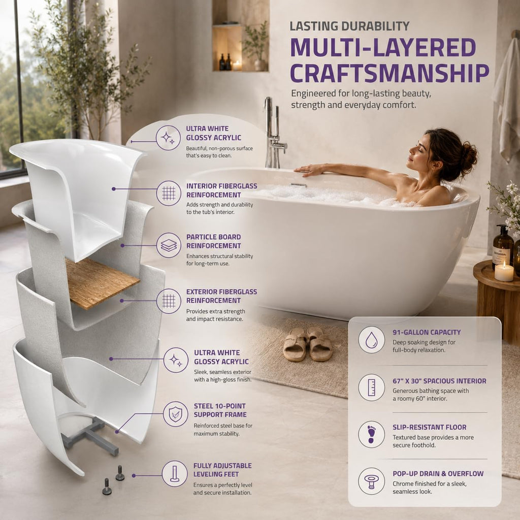 ANZZI Freestanding Bathtub 67 in Acrylic Glossy White Flat Bottom Soaking Tub, Ami Series One-Piece, Center Drain, Polished Chrome Overflow, Slip-Resistant Floor, Leveling Adjustable Feet | FT-AZ401