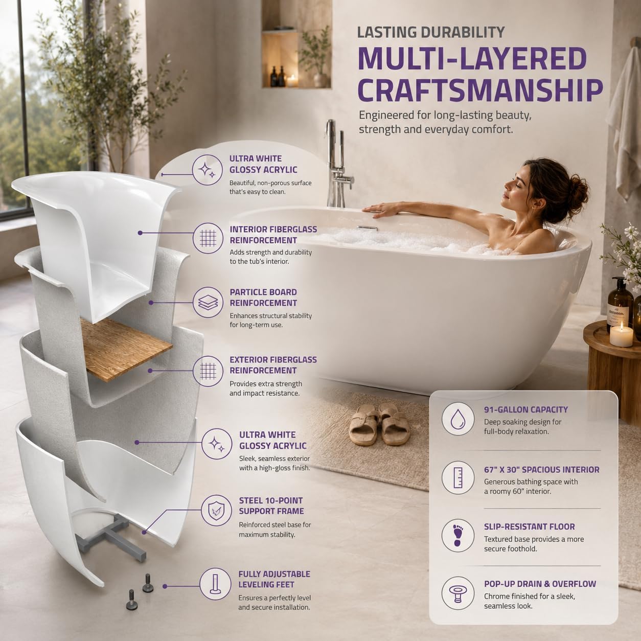 ANZZI Freestanding Bathtub 67 in Acrylic Glossy White Flat Bottom Soaking Tub, Ami Series One-Piece, Center Drain, Polished Chrome Overflow, Slip-Resistant Floor, Leveling Adjustable Feet | FT-AZ401
