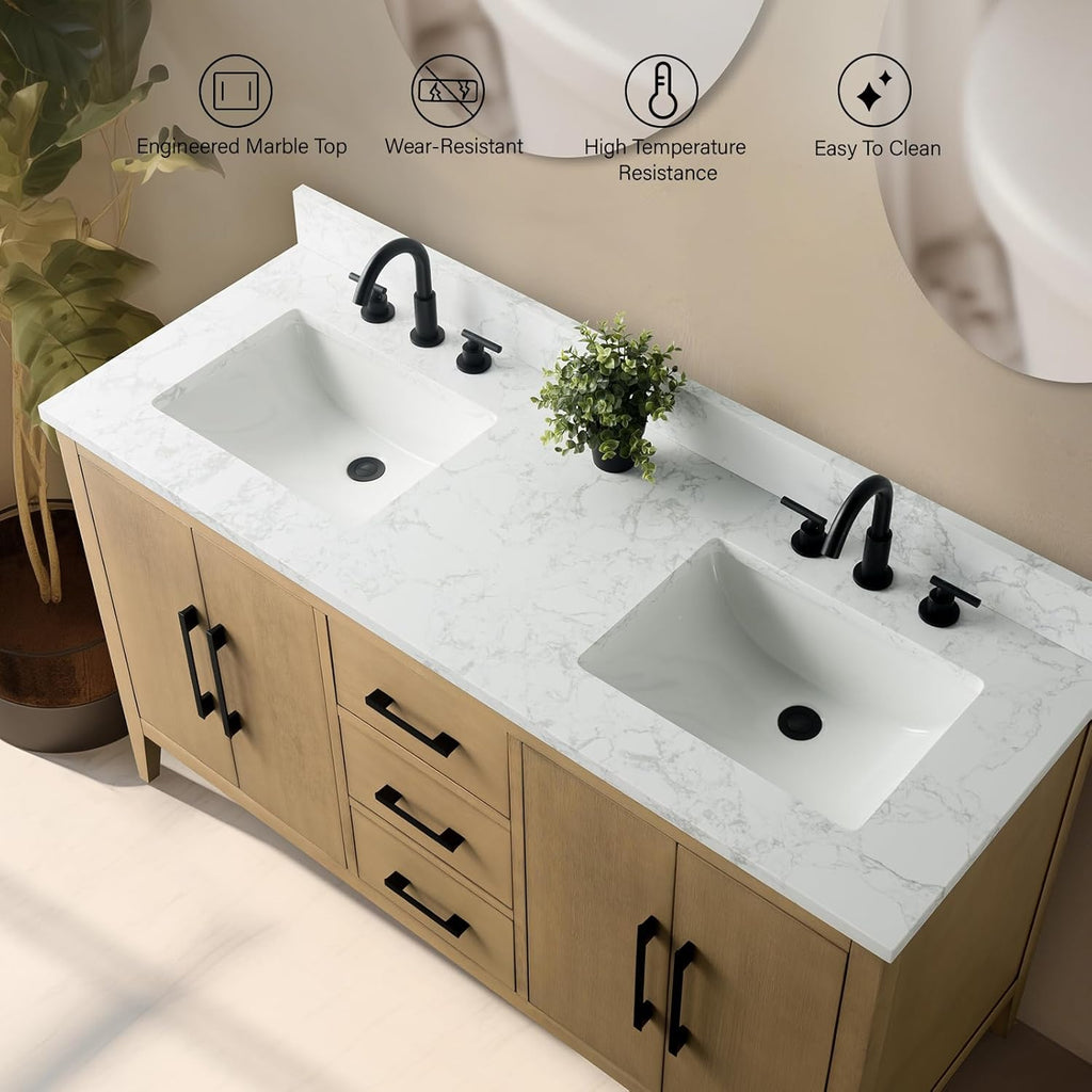 Vanity Art 60 inch Bathroom Vanity with Double Sink & Ceramic Top, Vanity Cabinet with Soft-Closing Doors, Drawers, Solid Wood Frame, Natural Oak, VA9060-DNO-GB1