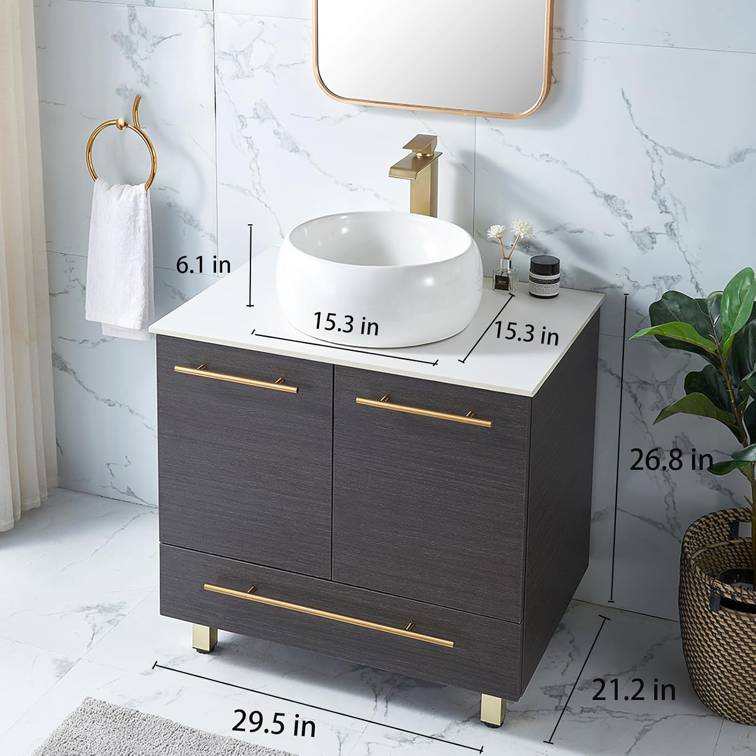 30' Bathroom Vanity, Black Bathroom Cabinet Combo, Modern Sink Vanity Set, Round Countertop Sink, 2 Doors 1 Drawer