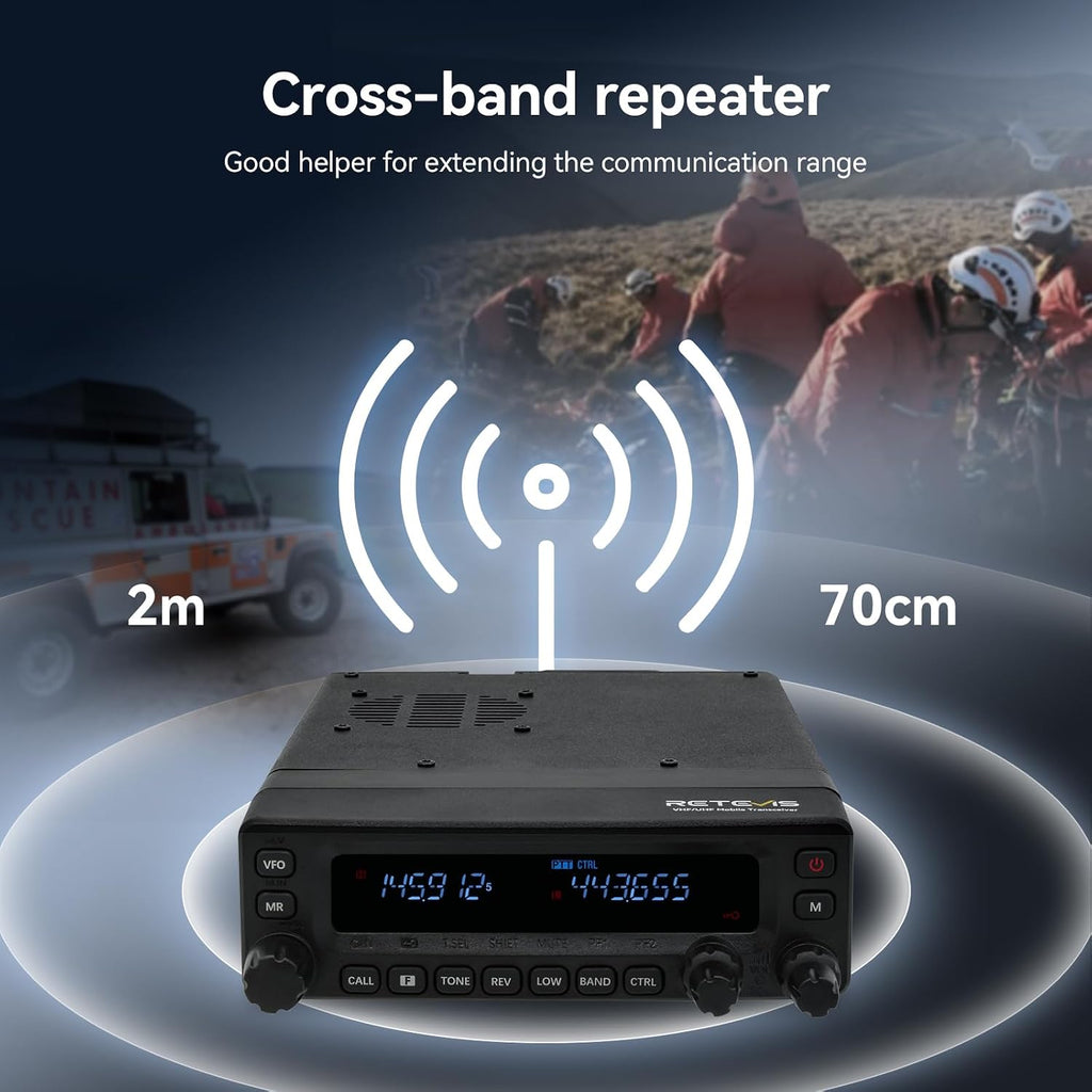 Retevis MA1 Dual Band Mobile Ham Radio|Cross-Band Repeater 2-in-1 Transceiver|Superheterodyne Receiver |2m/70cm/Air Band Reception| Detachable Control Panel | Long Range Base Station with Antenna