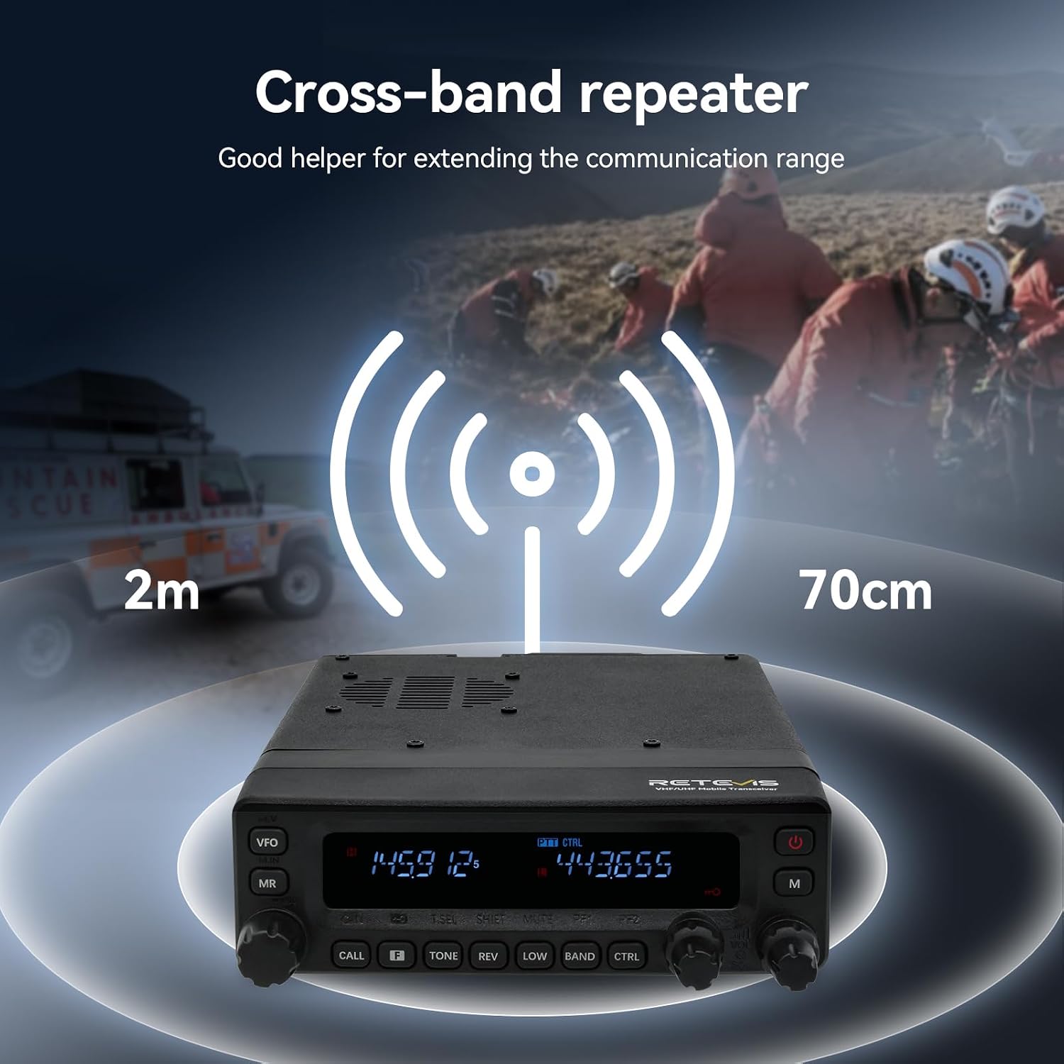 Retevis MA1 Dual Band Mobile Ham Radio|Cross-Band Repeater 2-in-1 Transceiver|Superheterodyne Receiver |2m/70cm/Air Band Reception| Detachable Control Panel | Long Range Base Station with Antenna