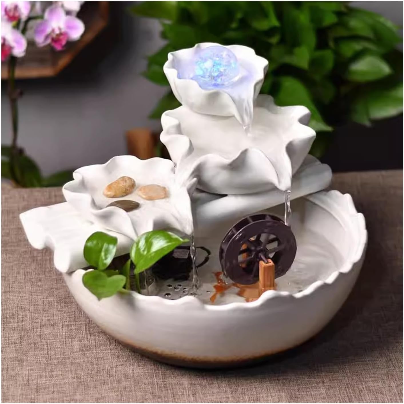Indoor Fountain Home Creative Wealth Attraction Decoration Desktop Crystal Beads Moisturizing Fountain Fish Tank Gift Ceramic Desktop Decoration Tabletop Fountains Decor