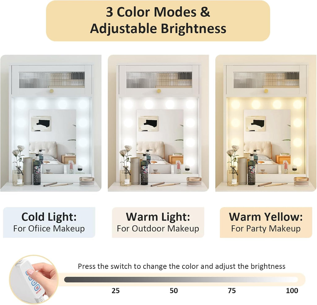 ARTETHYS Small Vanity Desk with Mirror and Lights White Small Makeup Vanity with Storage Chair Mini Makeup Table Set for Bedroom Compact Dressing Table with RGB Lights for Tiny Space