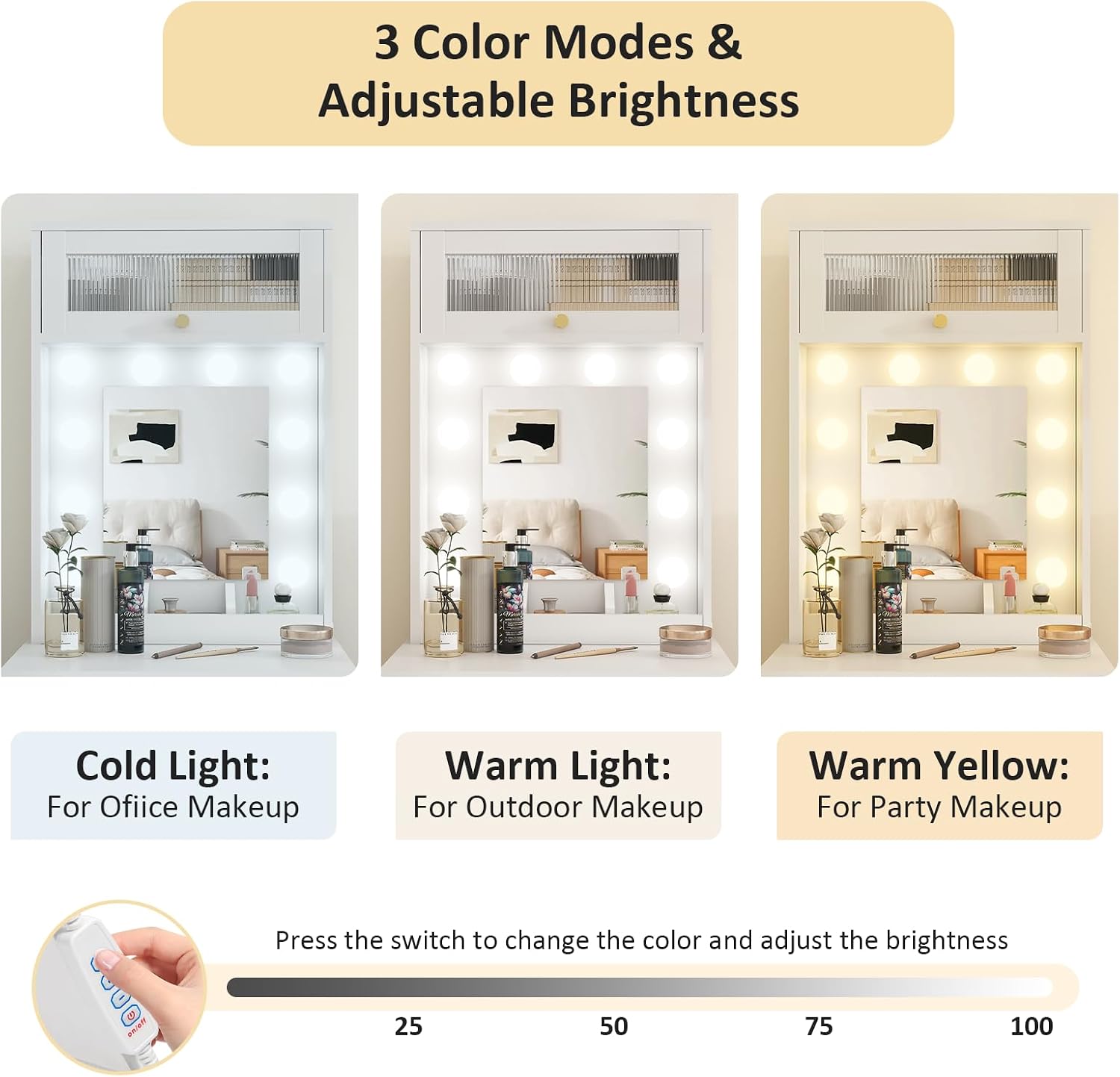 ARTETHYS Small Vanity Desk with Mirror and Lights White Small Makeup Vanity with Storage Chair Mini Makeup Table Set for Bedroom Compact Dressing Table with RGB Lights for Tiny Space