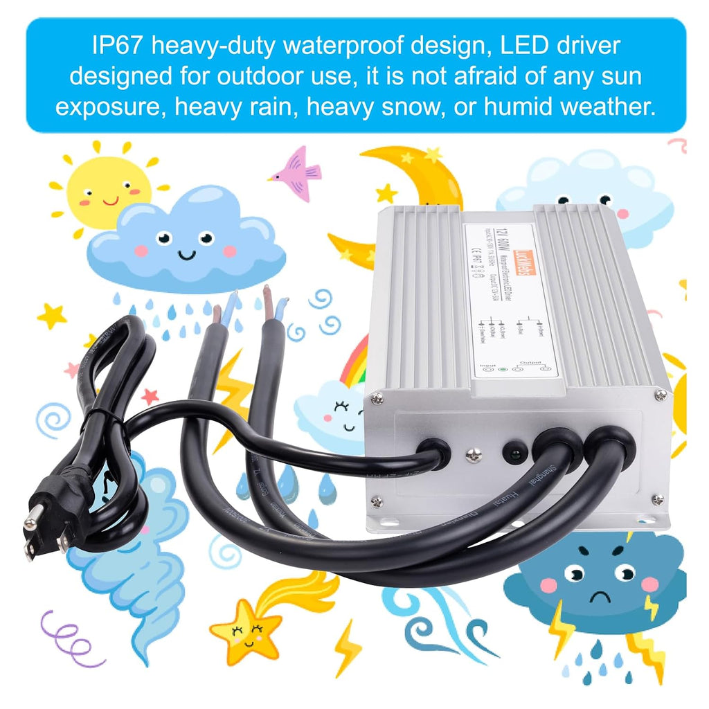 LED Driver 12V 600W Waterproof Power Supply AC 90-130V to DC 12V50A Low-Voltage IP67 Switching Power Supply Outdoor LED Garden Landscape Lights LED Strip Light Spotlights Transformer