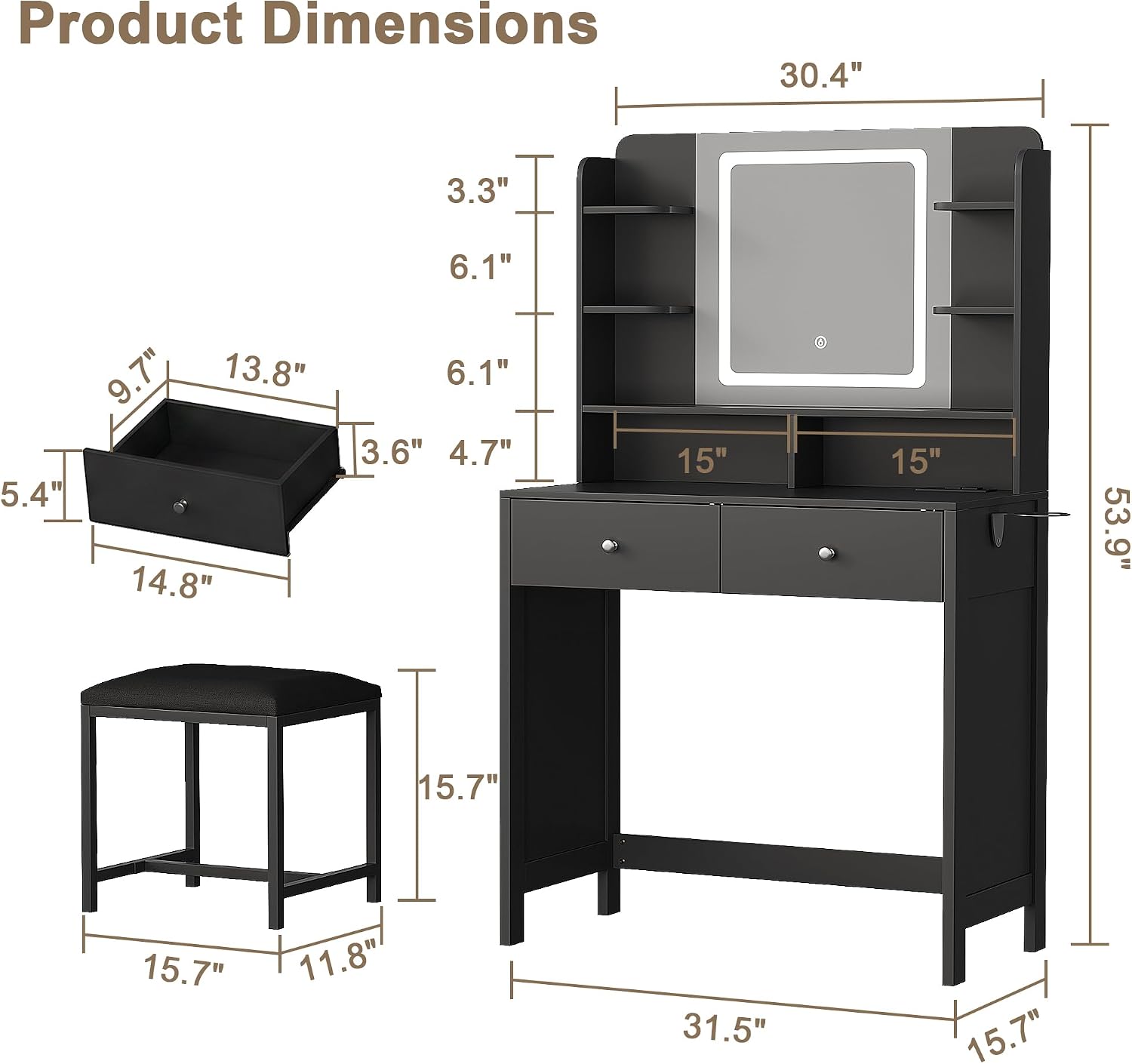Black Vanity with Lighted Mirror, 8 Shelves, 2 Drawers, Charging Station, Hair Dryer Holder & Stool, LED Mirror with 3 Light Modes