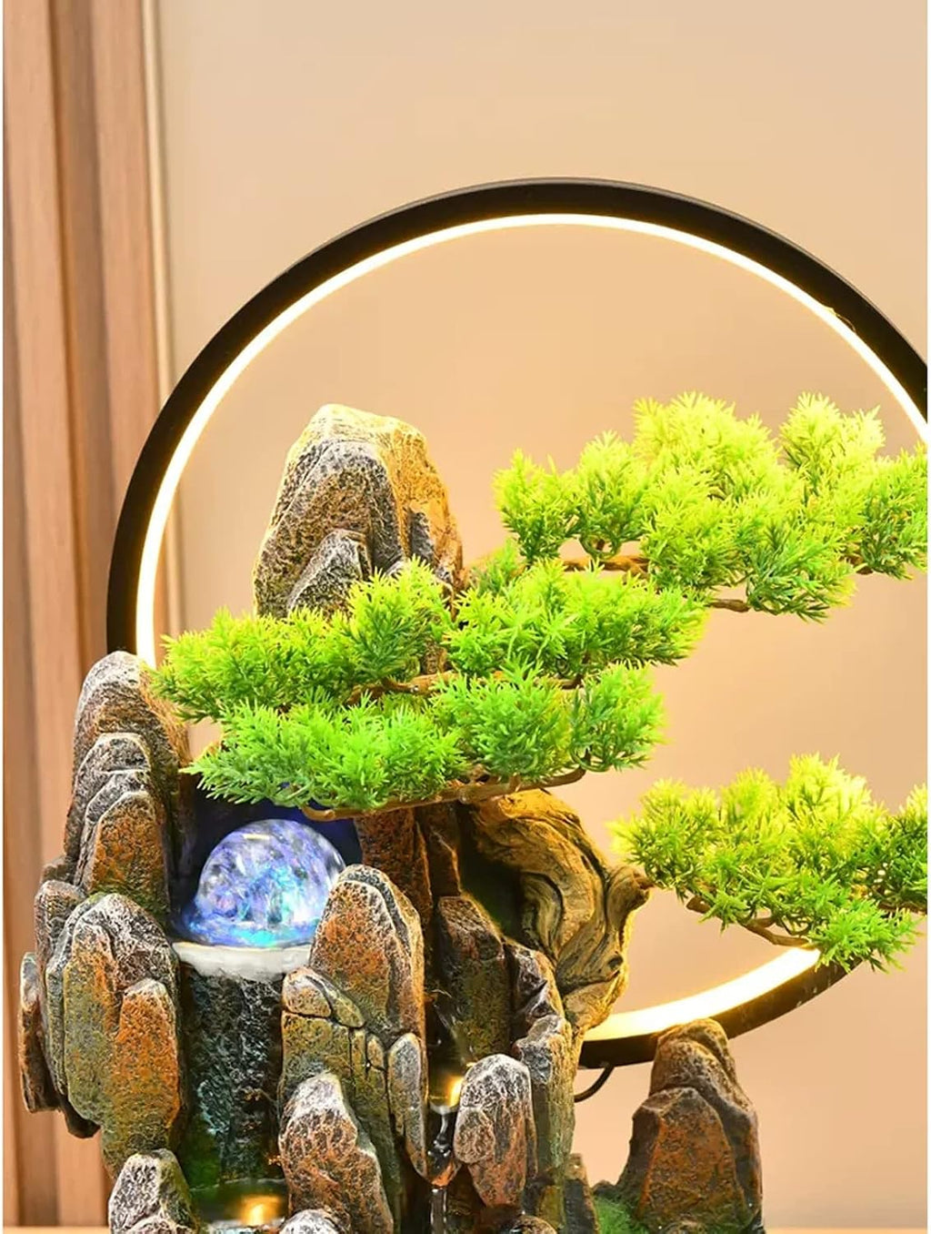 Desktop Fountain Indoor Tabletop Fountain Resin Water Fountains Artificial Bonsai Trees and Stone Mountains Relaxation Waterfall for Home Decor(Large)