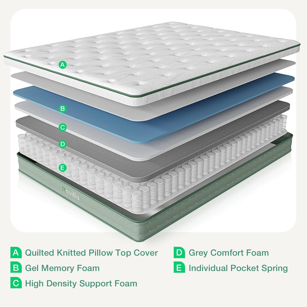 Novilla Twin Mattress, 10 Inch Hybrid Mattress in a Box, Gel Inflation Memory Foam with Pocket Coils Innerspring for a Cozy Night, Pillow Top Twin Size Mattresses, Medium Firm & Fit the Body's Curves