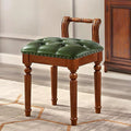 Low Back Vanity Bench Stool with Padded Cushion, Leather Retro Makeup Stool, Solid Wood Carving Legs, Piano Bench for Makeup Room, Bedroom, Living Room (Walnut + Green)