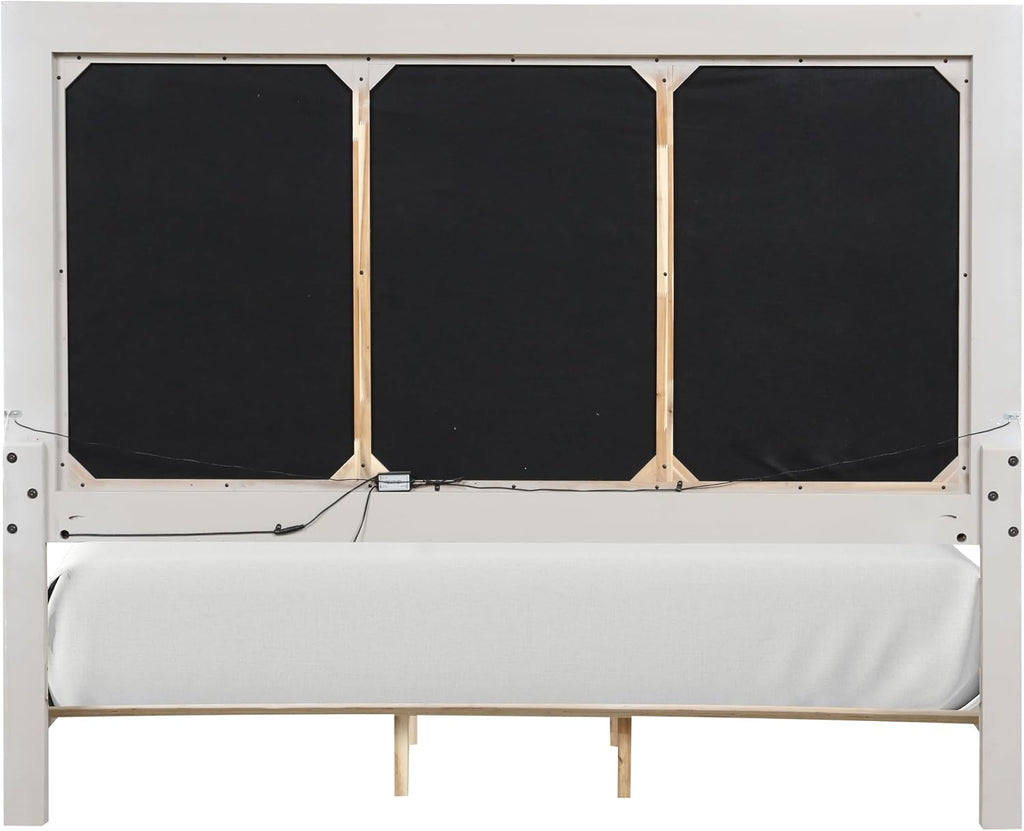 Furniture of America Bailer Modern Solid Wood 5-Piece Bedroom Set with LED on Headboard, Stainless Steal Posts and Marble Top on Nightstand, Box Spring Needed, Queen, Weathered Gray